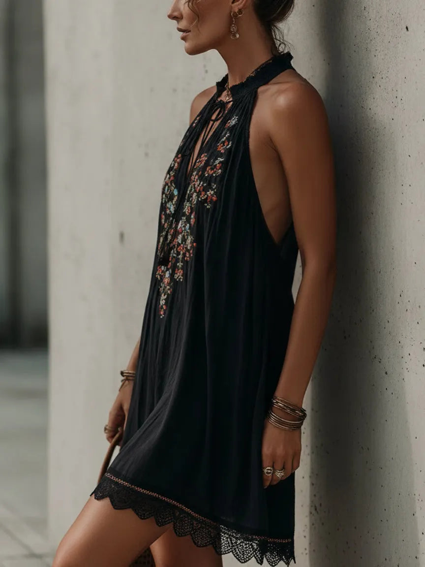 Women's Mini Dress – Embroidered Bodice, Lace Hem, Tie Neck