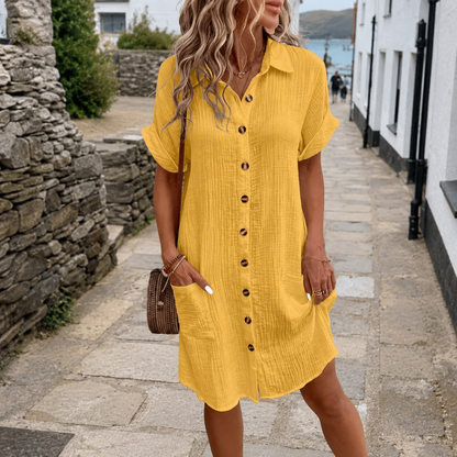 Women's Midi Shirt Dress – Short Sleeve, Pockets, Textured Weave