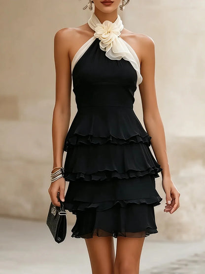 Women's Chiffon Mini Dress – Halter Neck, Tiered Ruffle