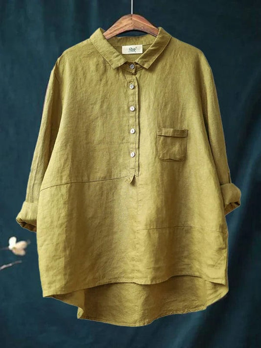 Women's Loose Linen Shirt with Button Collar and Pocket