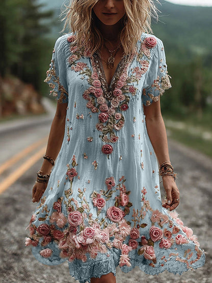 Women's Floral Embroidered V Neck Mini Dress