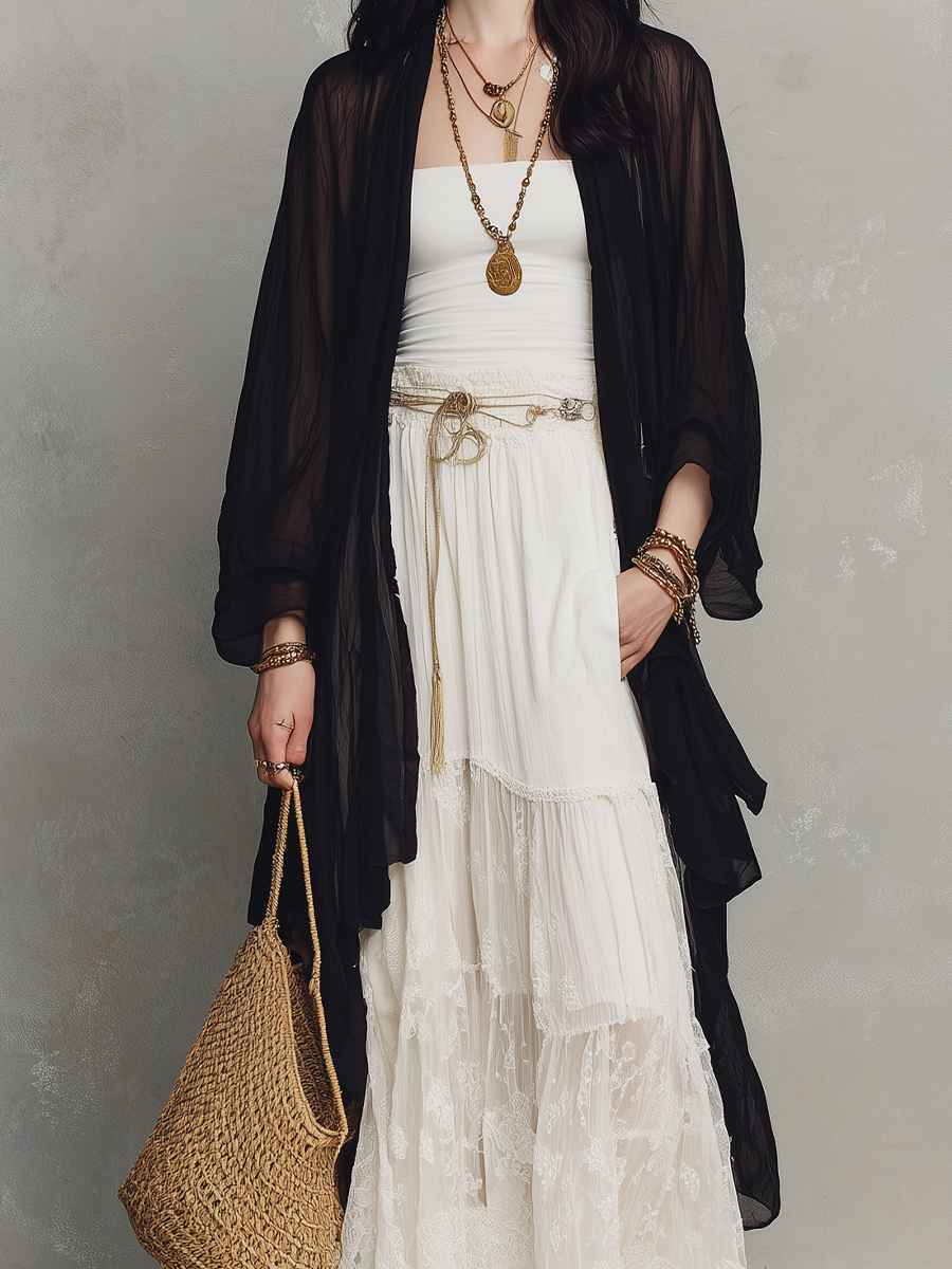 Women's Two-Piece Set – Tiered Lace, Maxi Length, Sheer Lightweight