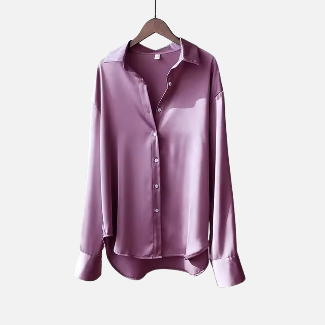 Camisa de manga larga de satén abotonada para mujer