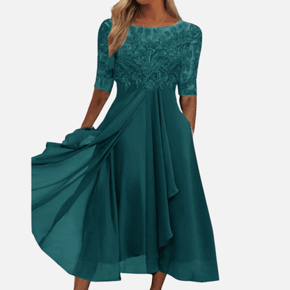 Vestido midi de encaje y gasa formal para mujer | Elegante para invitada de boda