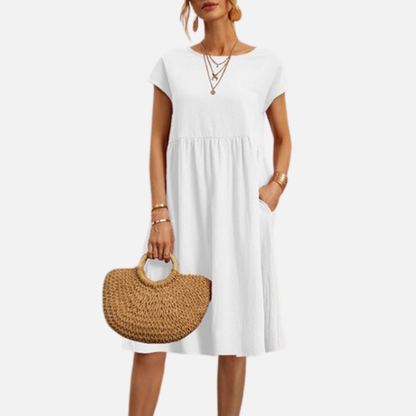 Vestido midi informal de lino para mujer | Vestido estilo smock de manga corta