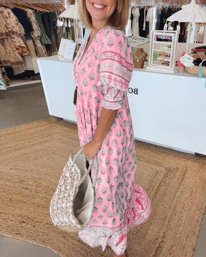 Women's Floral V-Neck Maxi Dress with Puff Sleeves