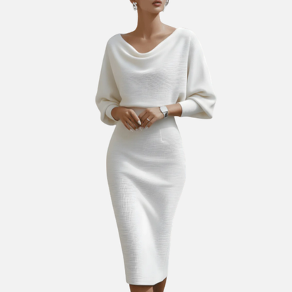 Vestido midi formal de punto con cuello desbocado y manga murciélago para mujer