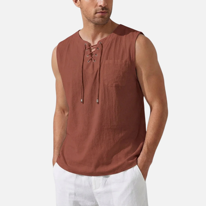 Camiseta sin mangas de lino para hombre | Chaleco de playa con cuello de pico y cordones