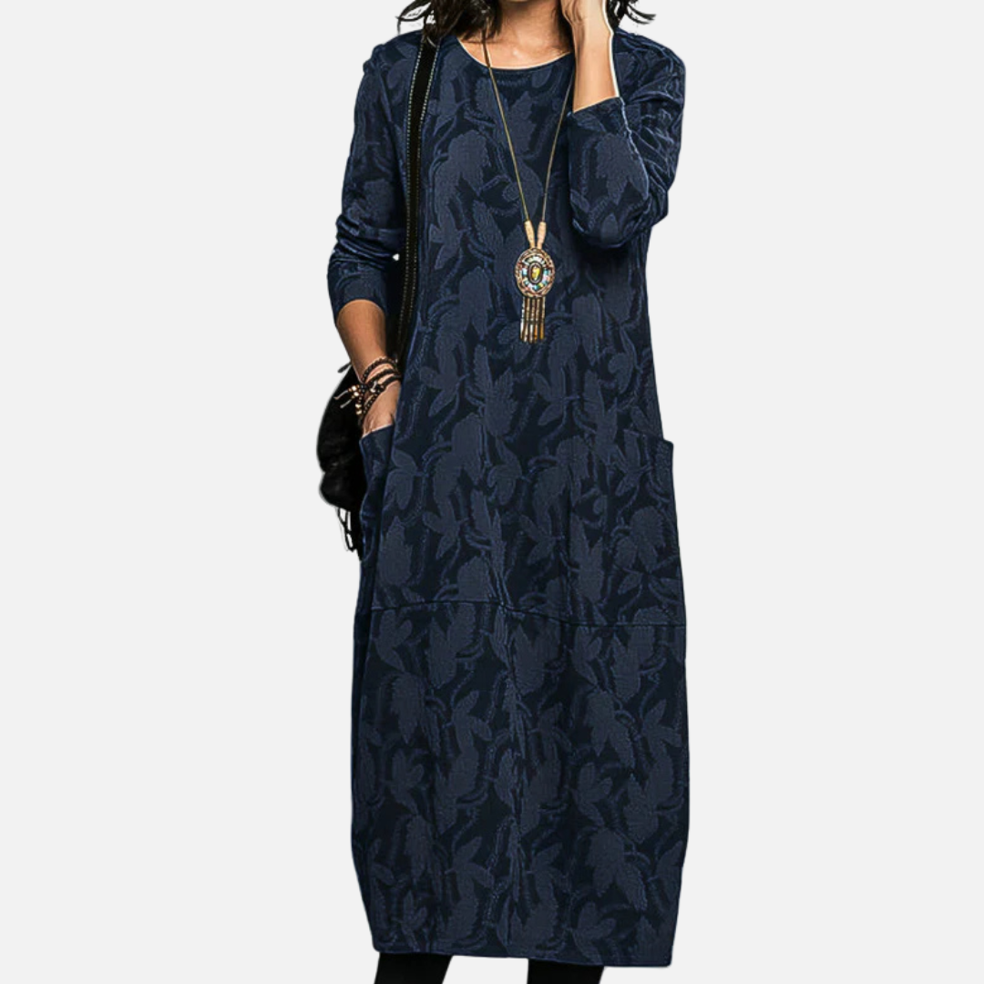 Maxivestido jacquard de manga larga para mujer | Estampado abstracto extragrande