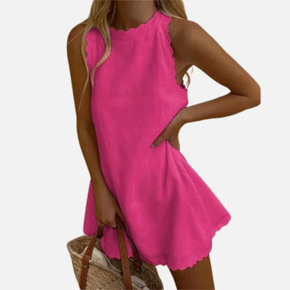 Vestido corto de lino sin mangas para mujer | Con cuello halter y vaporoso para verano