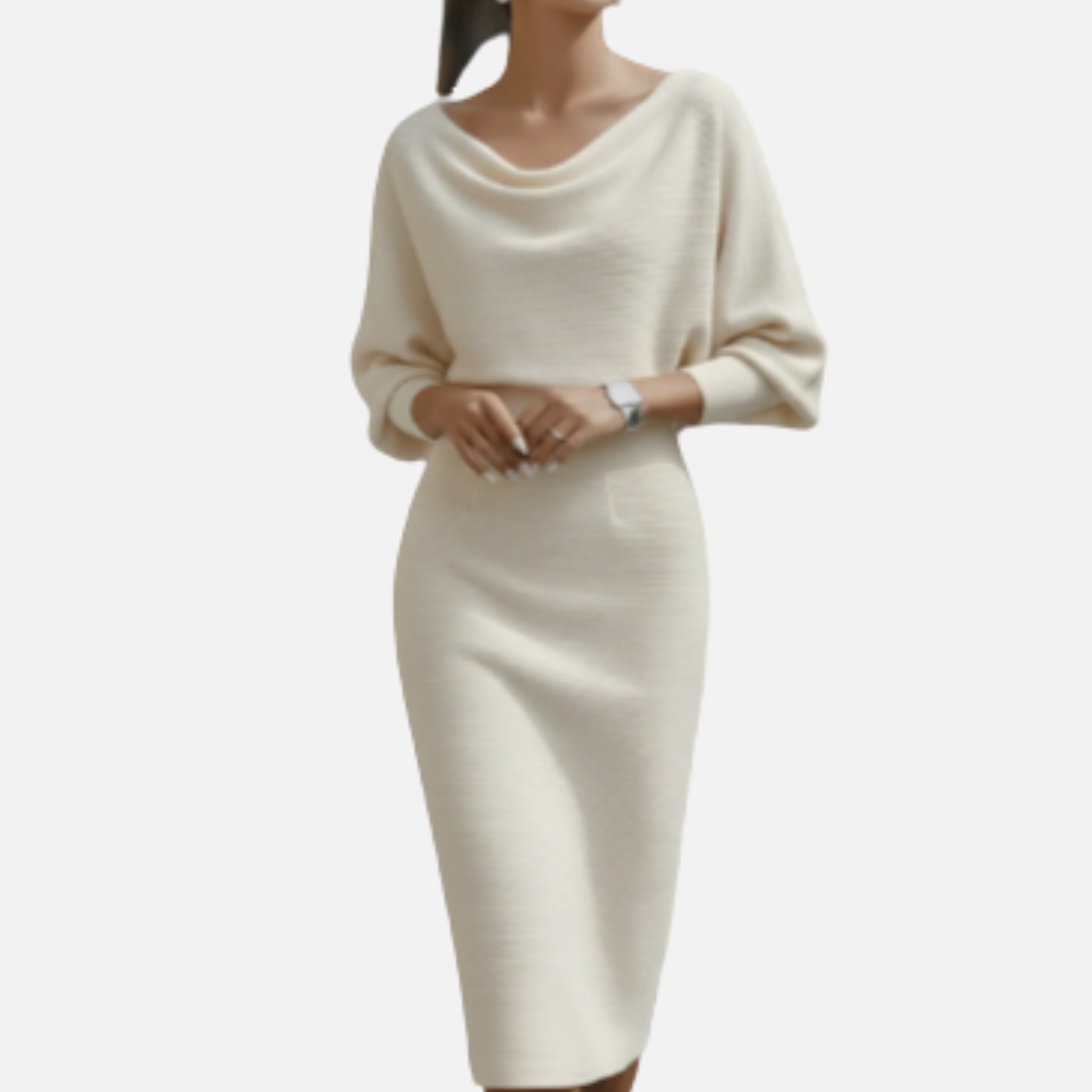 Vestido midi de punto buclé con cuello vuelto y manga murciélago para mujer