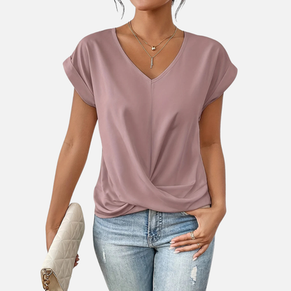 Camiseta de manga corta para mujer con cuello de pico y nudo delantero