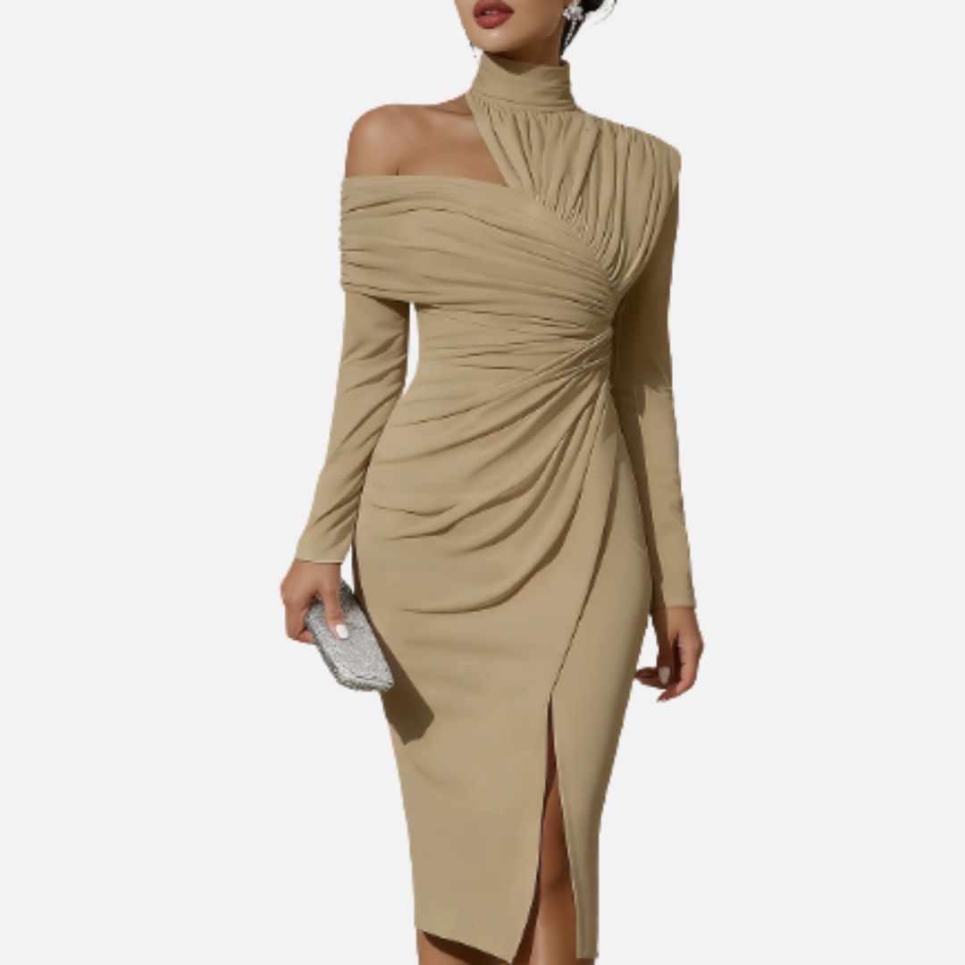 Vestido midi fruncido de cuello alto para mujer