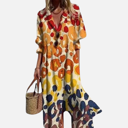 Vestido midi abstracto con cuello en V para mujer