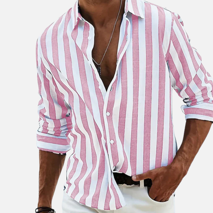 Camisa de manga larga de rayas para hombre | Camisa casual de playa con botones