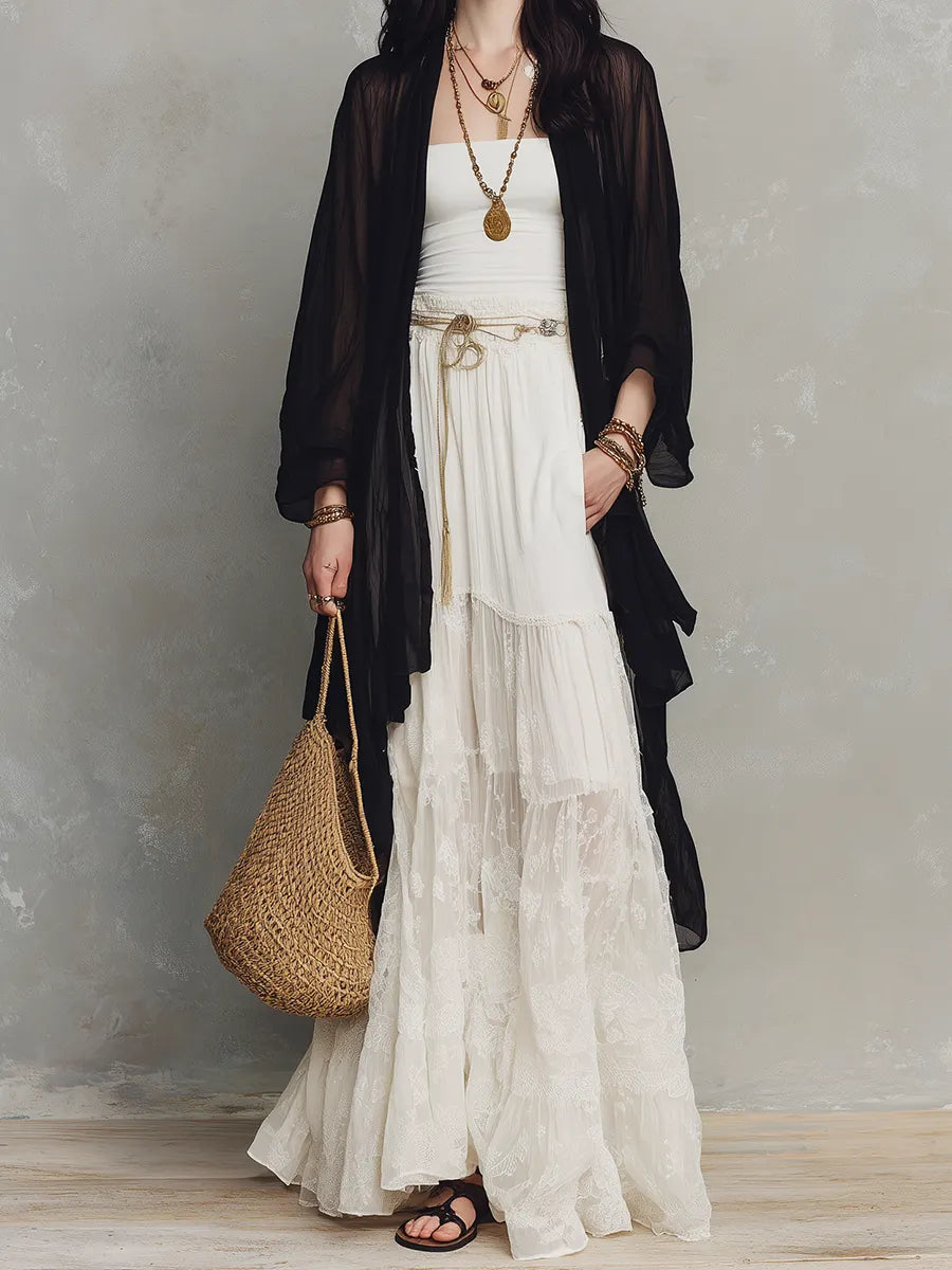 Women's Two-Piece Set – Tiered Lace, Maxi Length, Sheer Lightweight