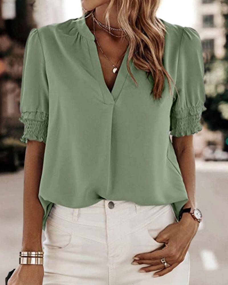 Women's Chiffon V-Neck Blouse with Smocked Short Sleeves