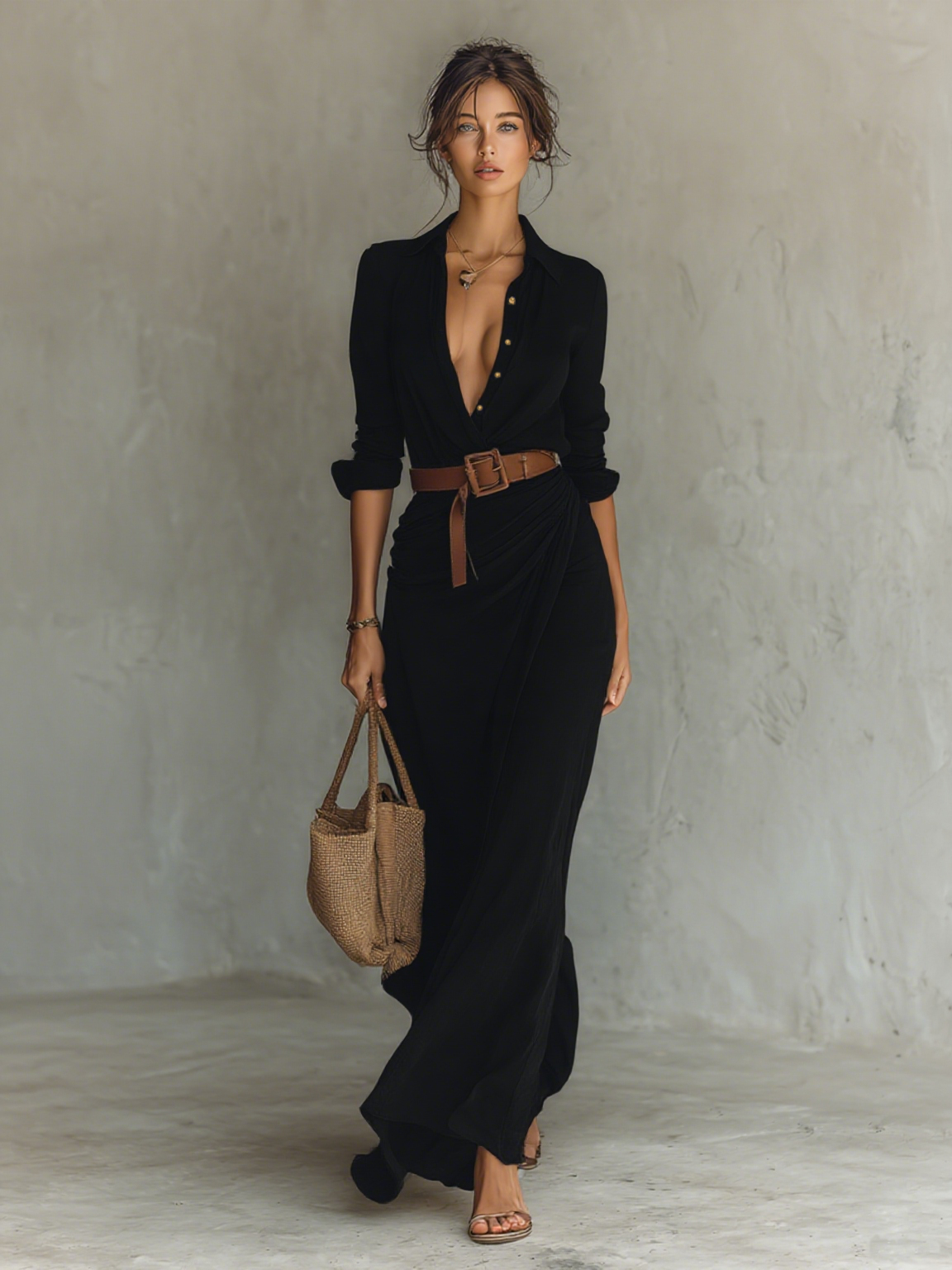 Women's Plunging Maxi Wrap Dress with Shirt Collar