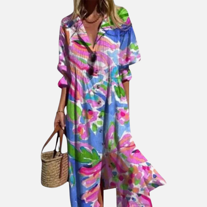 Vestido midi abstracto con cuello en V para mujer