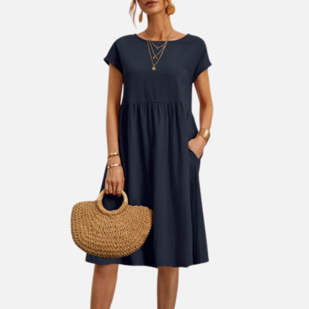 Vestido midi informal de lino para mujer | Vestido estilo smock de manga corta