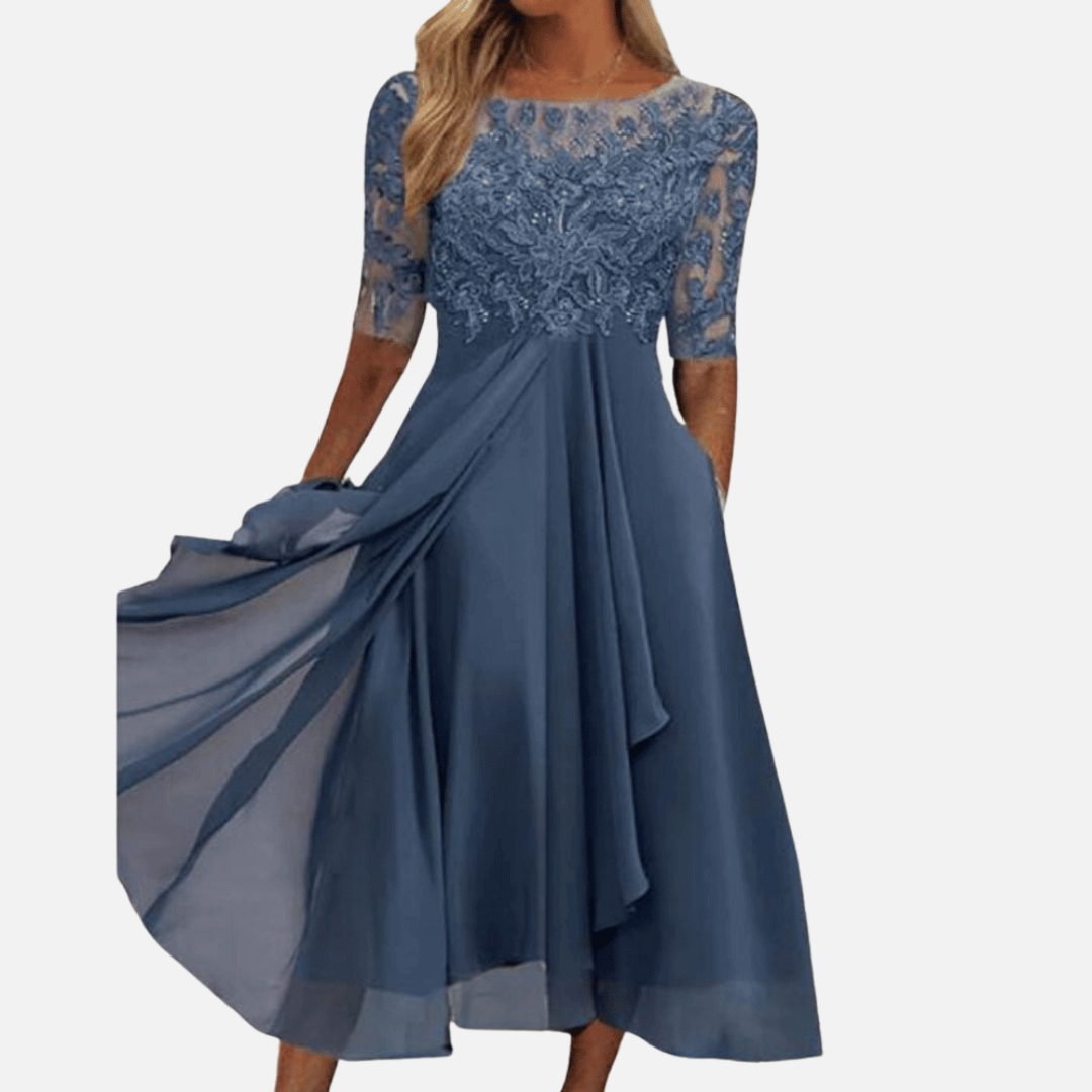 Vestido midi de encaje y gasa formal para mujer | Elegante para invitada de boda
