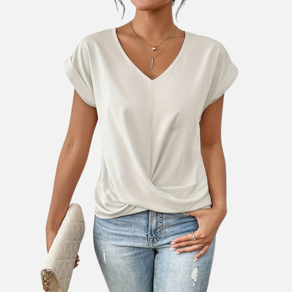 Camiseta de manga corta para mujer con cuello de pico y nudo delantero