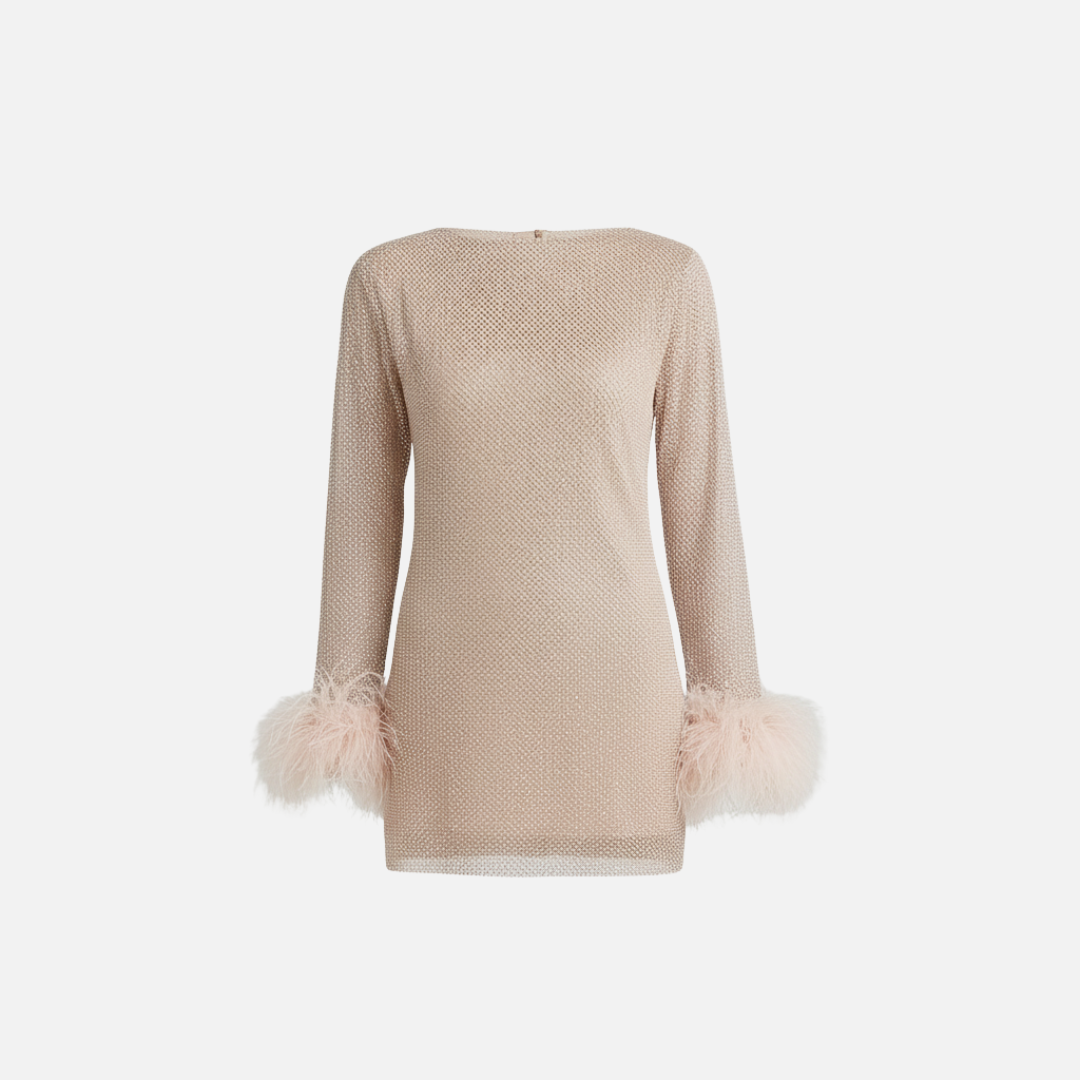Minivestido de lentejuelas brillantes para mujer - Elegante vestido de fiesta con puños de plumas