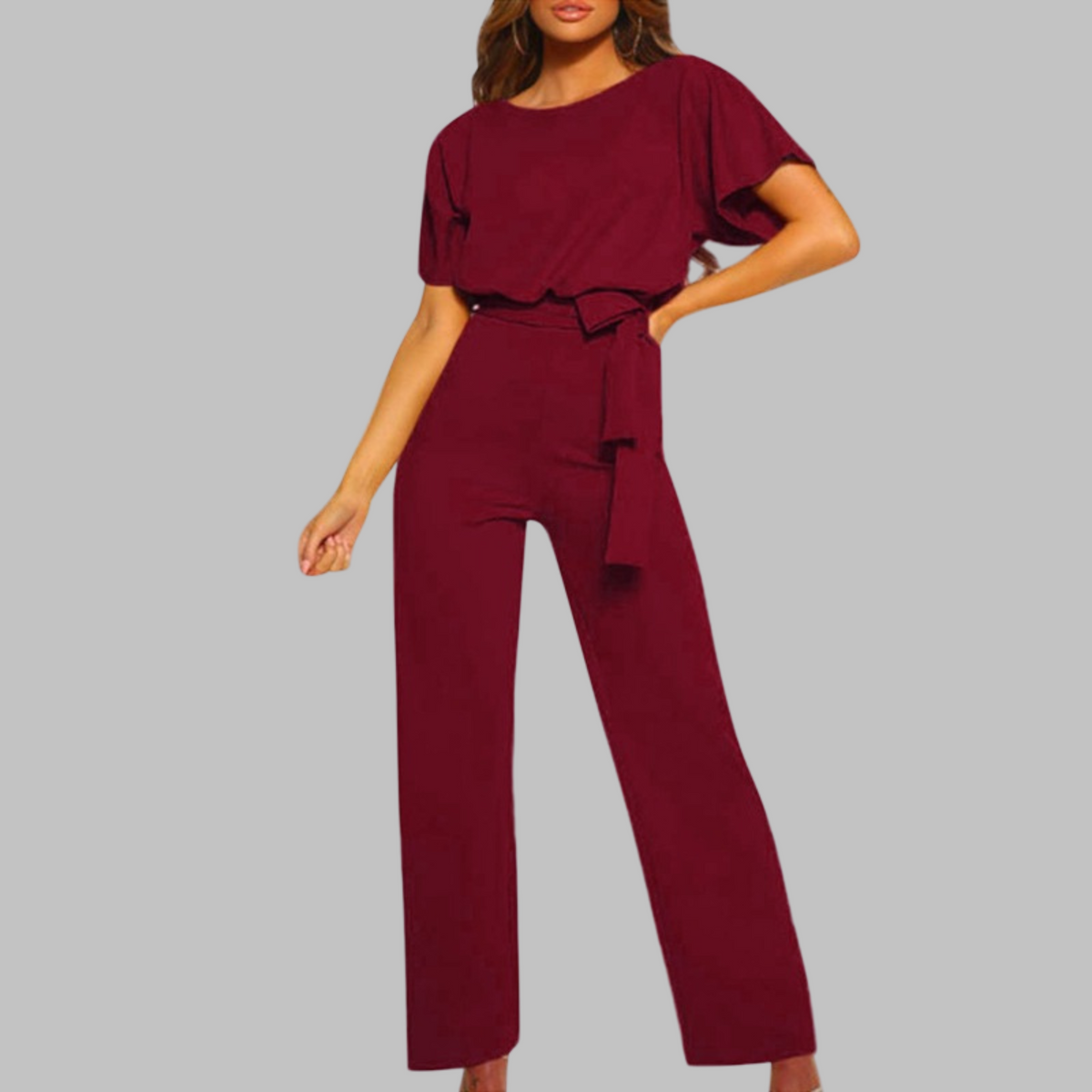 Women's Wide Leg Jumpsuit with Batwing Sleeves and Tie Waist