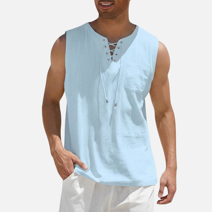 Camiseta sin mangas de lino para hombre | Chaleco de playa con cuello de pico y cordones