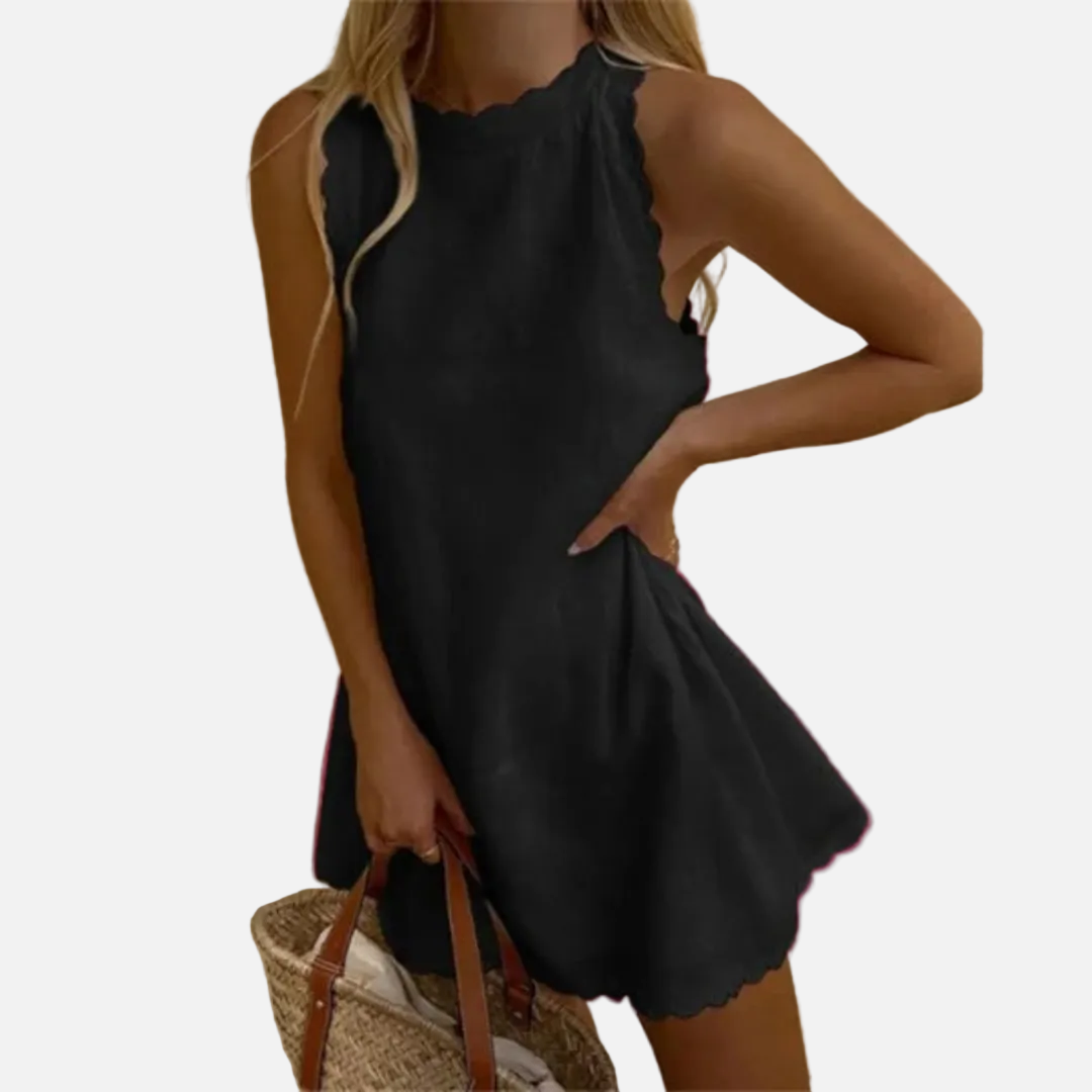 Vestido corto de lino sin mangas para mujer | Con cuello halter y vaporoso para verano