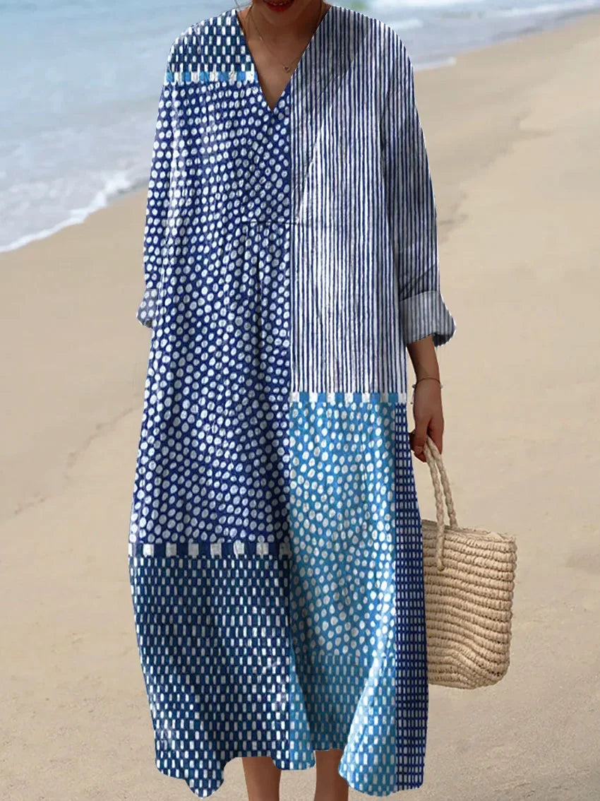 Women's V-Neck Patchwork Print Maxi Dress