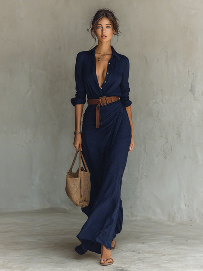 Women's Plunging Maxi Wrap Dress with Shirt Collar