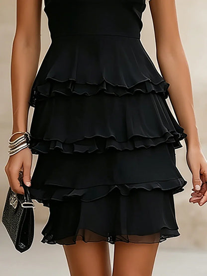 Women's Chiffon Mini Dress – Halter Neck, Tiered Ruffle