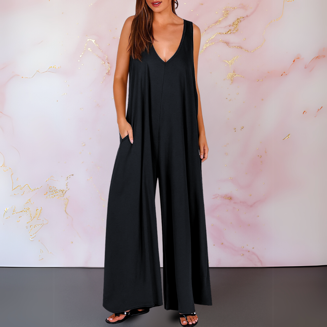 Women's Sleeveless Wide Leg Jumpsuit with V-Neckline