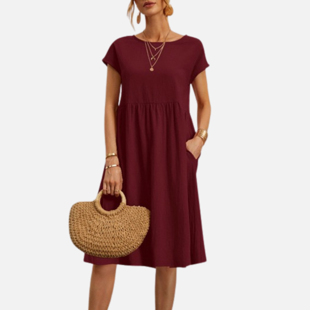 Vestido midi informal de lino para mujer | Vestido estilo smock de manga corta