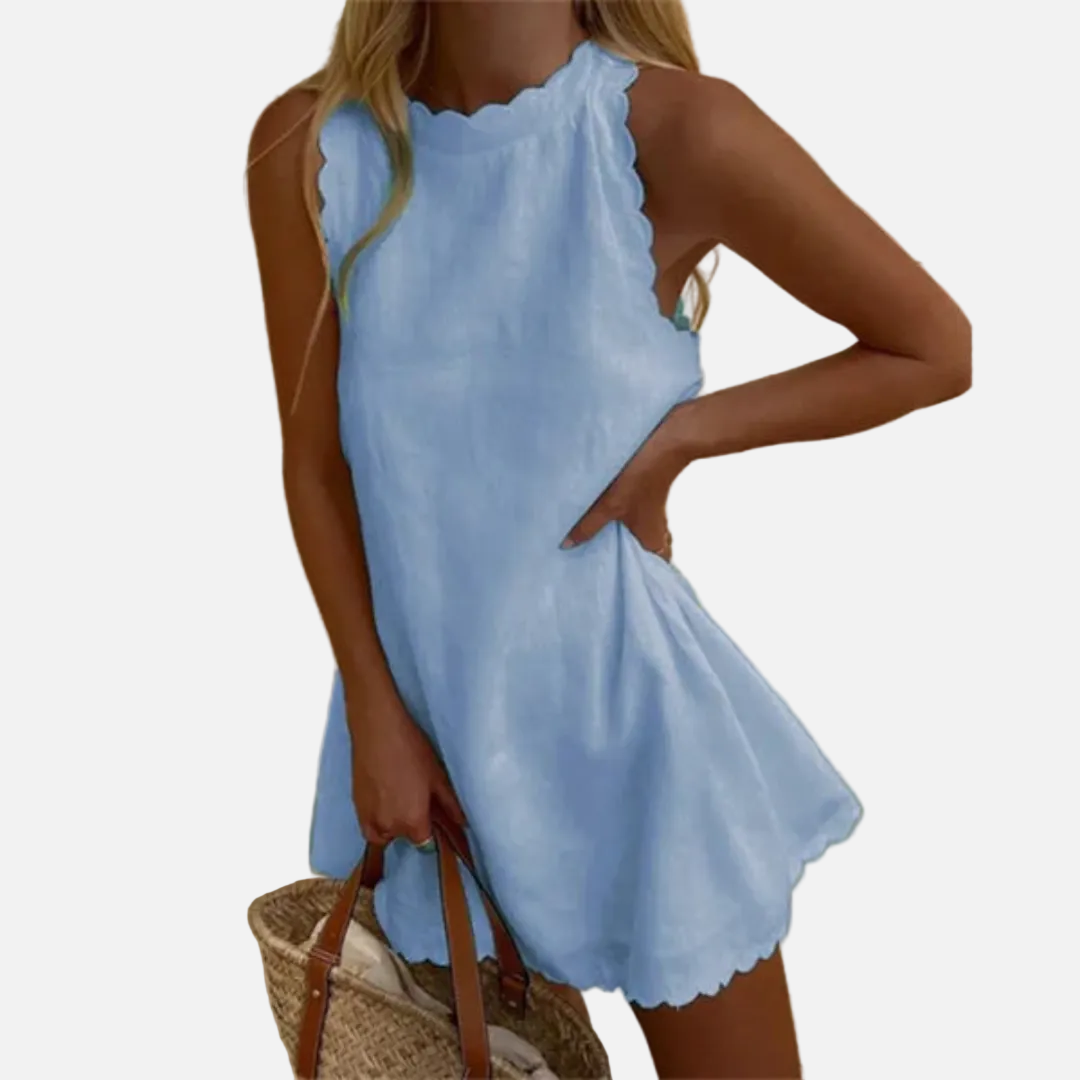 Vestido corto de lino sin mangas para mujer | Con cuello halter y vaporoso para verano