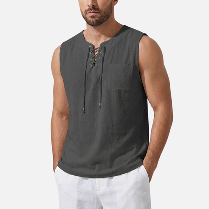 Camiseta sin mangas de lino para hombre | Chaleco de playa con cuello de pico y cordones