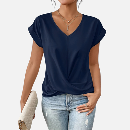 Camiseta de manga corta para mujer con cuello de pico y nudo delantero