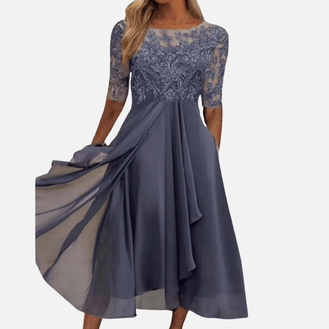 Vestido midi de encaje y gasa formal para mujer | Elegante para invitada de boda