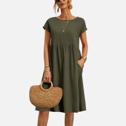 Vestido midi informal de lino para mujer | Vestido estilo smock de manga corta
