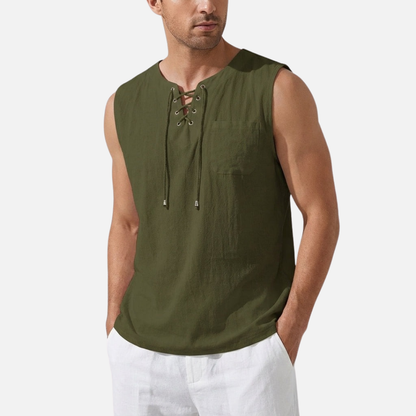 Camiseta sin mangas de lino para hombre | Chaleco de playa con cuello de pico y cordones