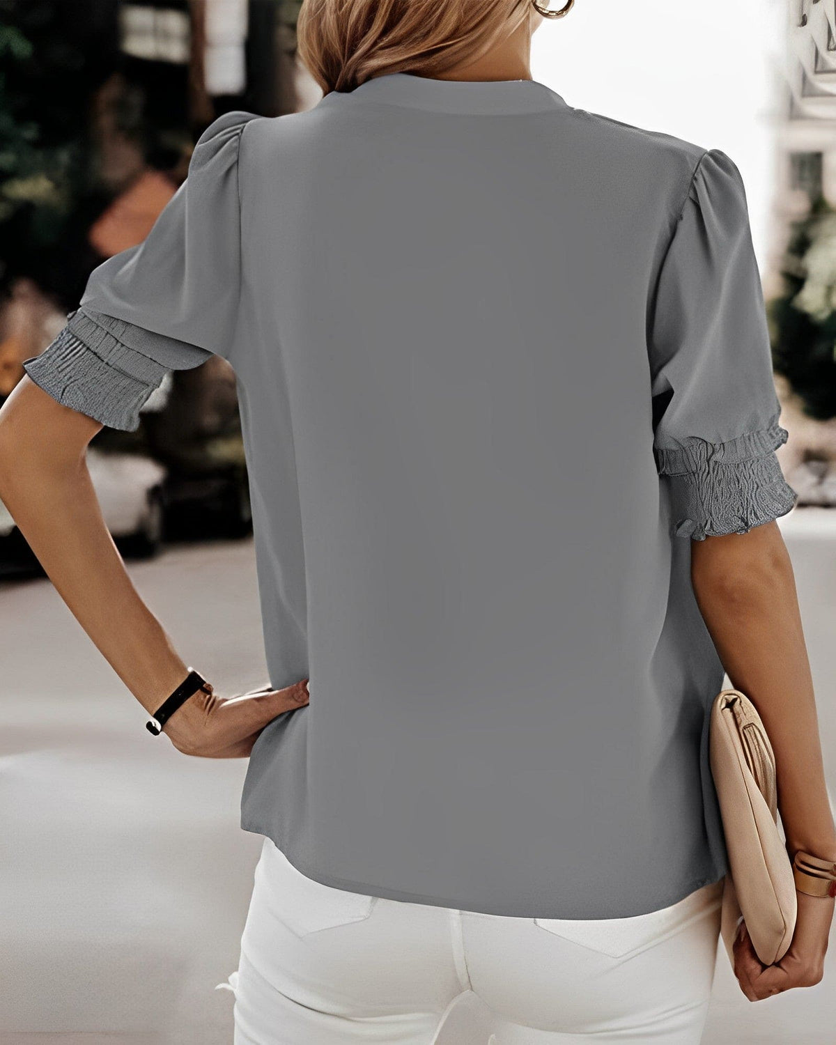 Women's Chiffon V-Neck Blouse with Smocked Short Sleeves