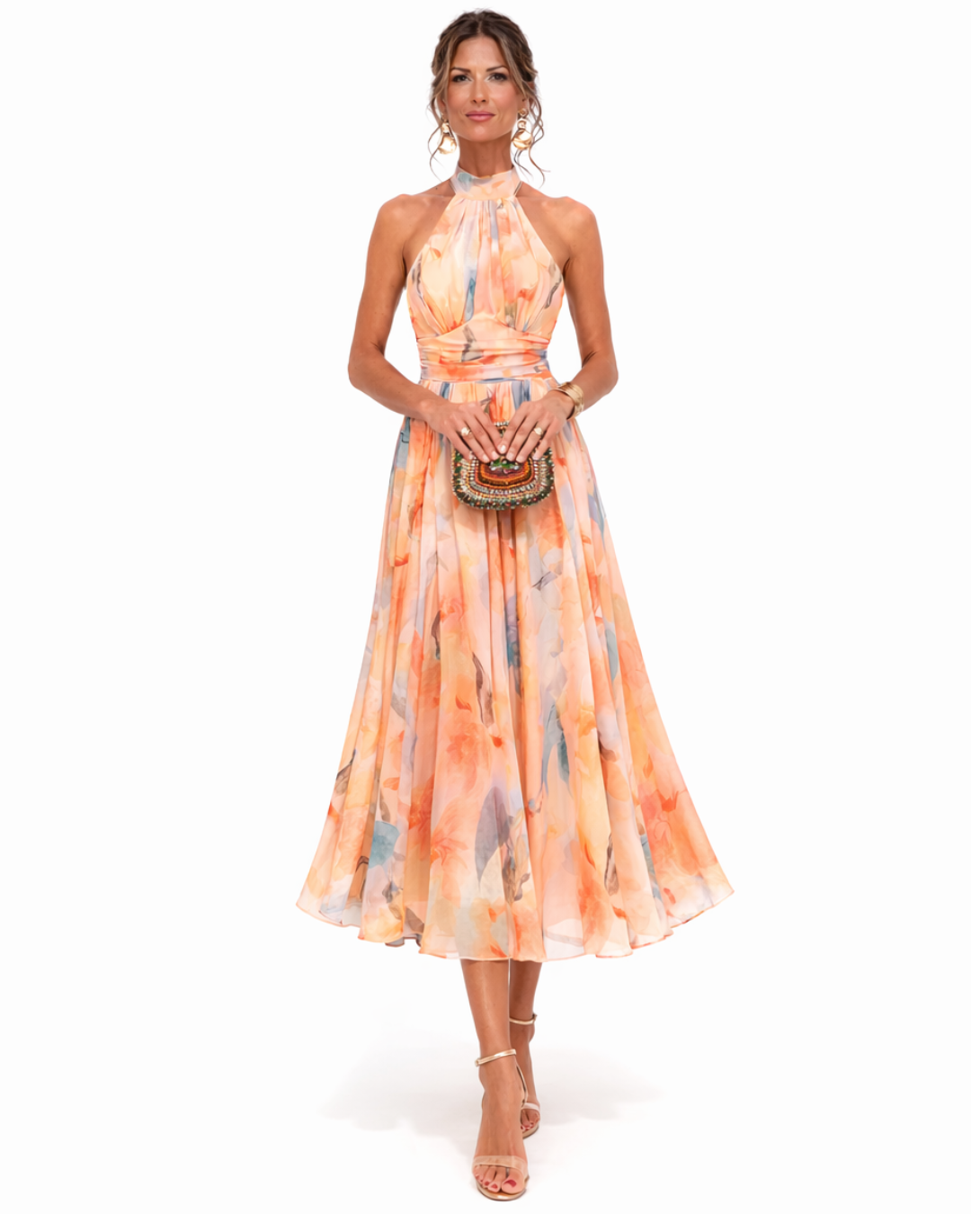A tie-neck maxi dress with a watercolor pattern - an elegant summer look 0