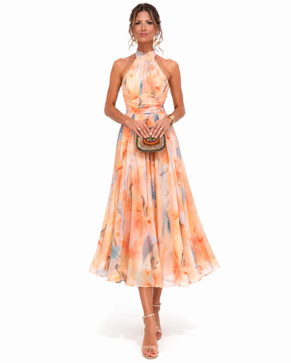 A tie-neck maxi dress with a watercolor pattern - an elegant summer look 0