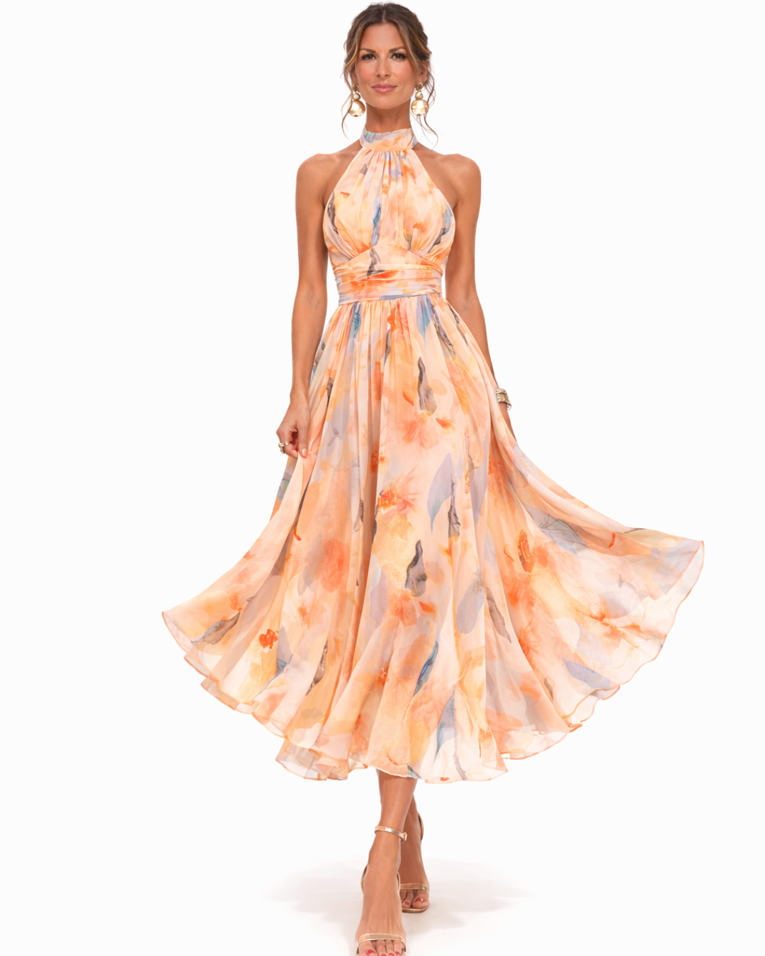 A tie-neck maxi dress with a watercolor pattern - an elegant summer look 1
