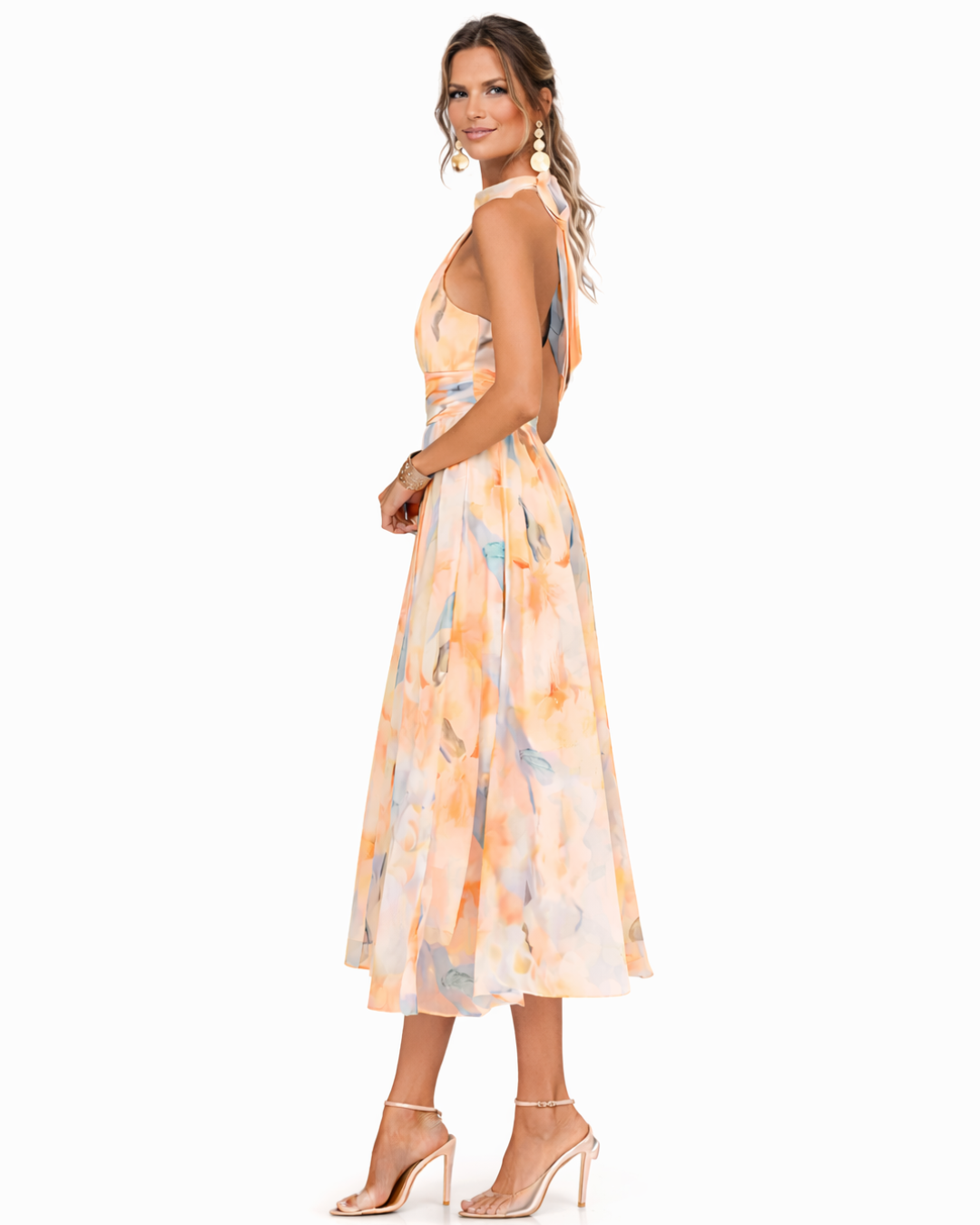 A tie-neck maxi dress with a watercolor pattern - an elegant summer look 2
