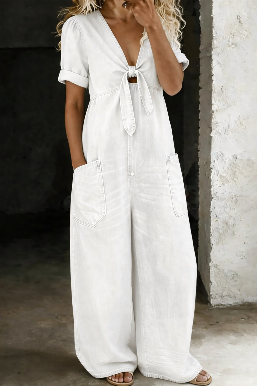 Women's Denim Jumpsuit with V Neck and Front Tie