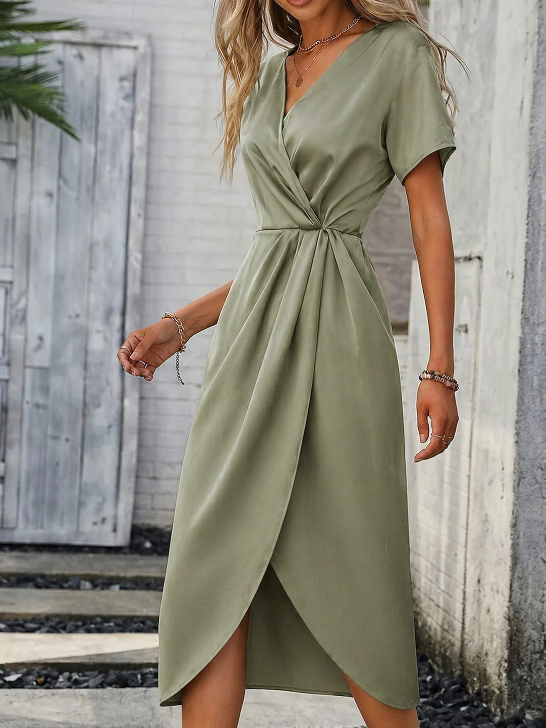 Women's Wrap Midi Dress with V Neck and Short Sleeves