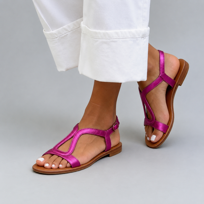 Women's T-Strap Sandals – Flat, Buckle Closure