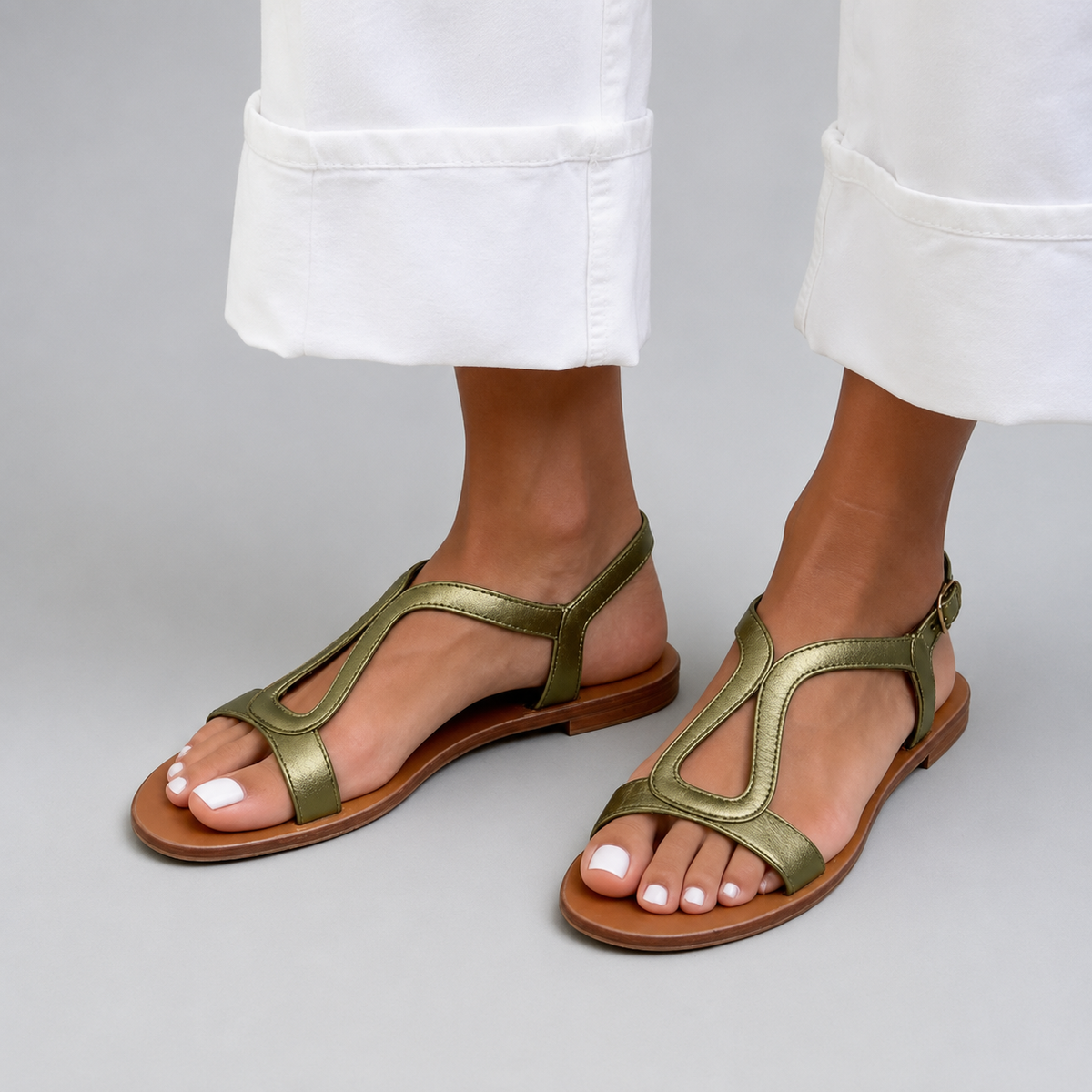 Women's T-Strap Sandals – Flat, Buckle Closure